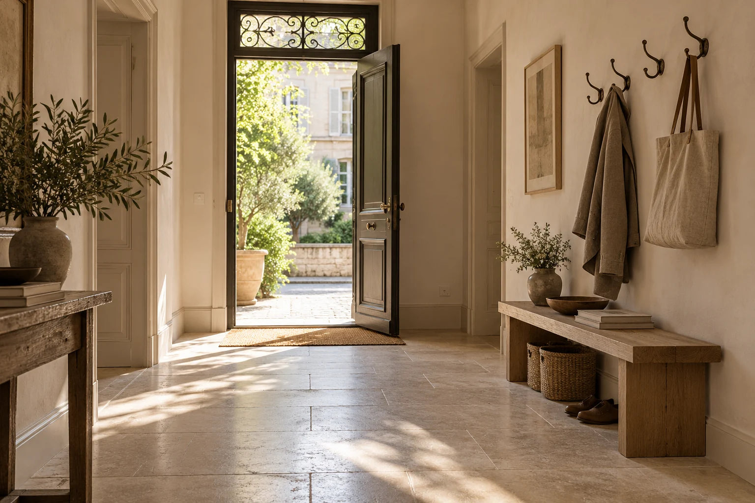 Entrée lumineuse avec banc en bois et patères, disposés contre le mur pour laisser le passage libre