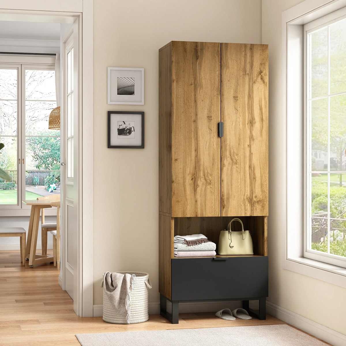Armoire Penderie Bois à Tiroir Noir et Niche Ouverte, vue 1 sur 6