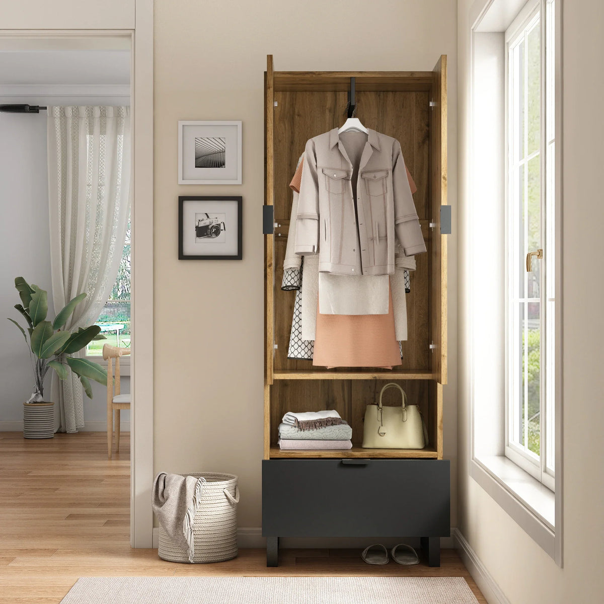 Armoire Penderie Bois à Tiroir Noir et Niche Ouverte, vue 2 sur 6
