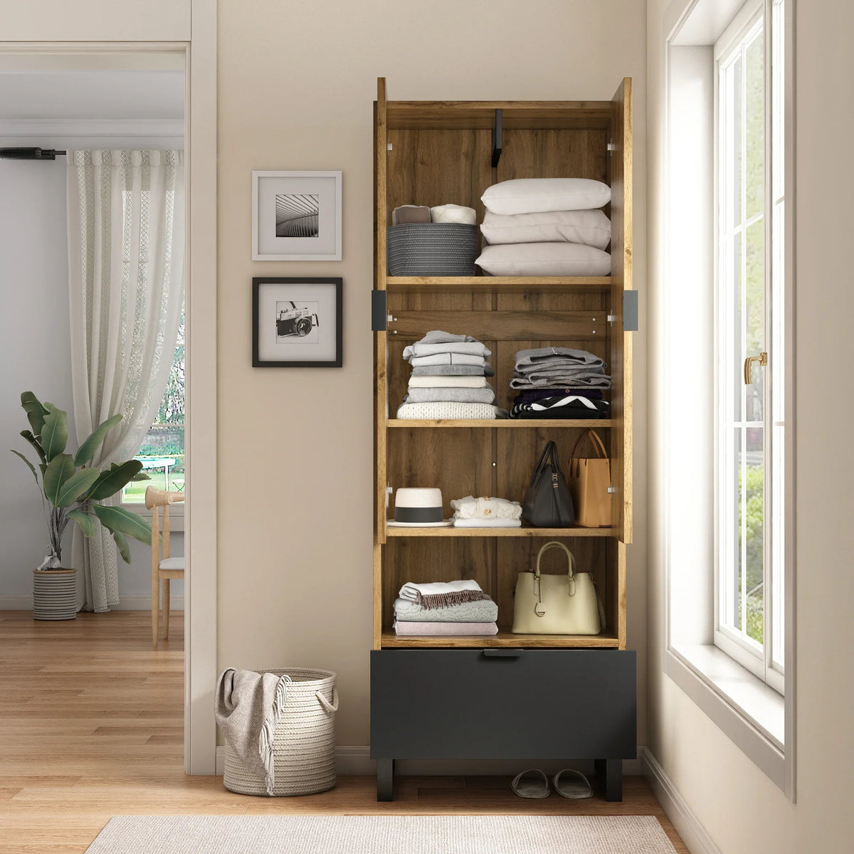 Armoire Penderie Bois à Tiroir Noir et Niche Ouverte, vue 3 sur 6