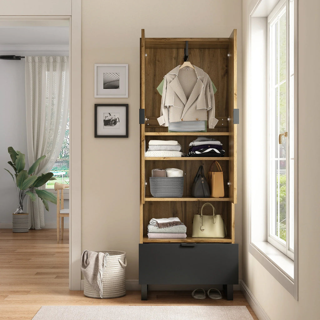 Armoire Penderie Bois à Tiroir Noir et Niche Ouverte, vue 4 sur 6