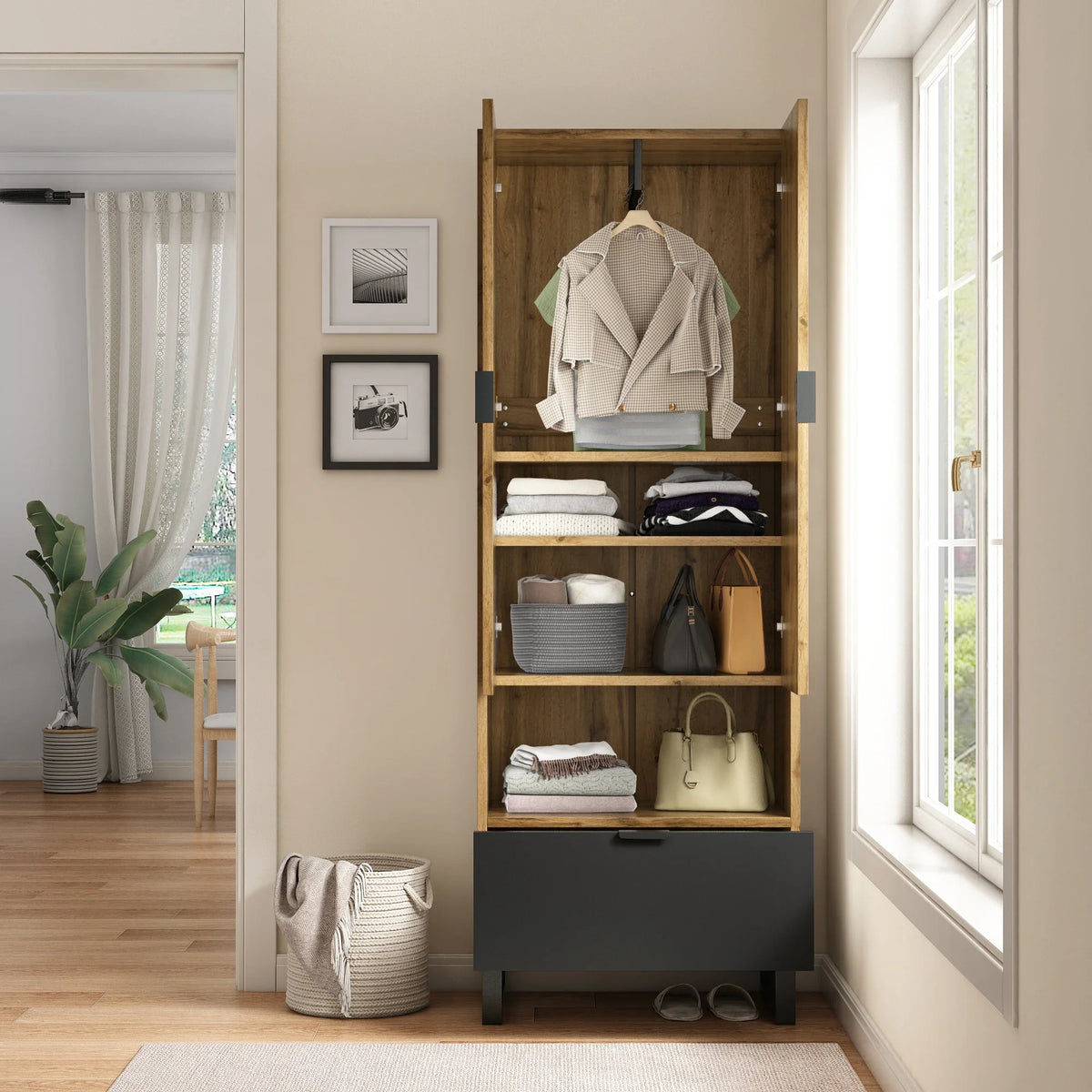 Armoire Penderie Bois à Tiroir Noir et Niche Ouverte, vue 4 sur 6