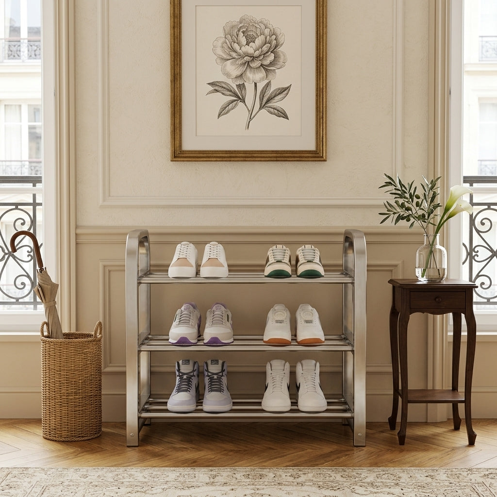 Meuble à Chaussures Argent Acier Plateaux Ajourés, vue 1 sur 4