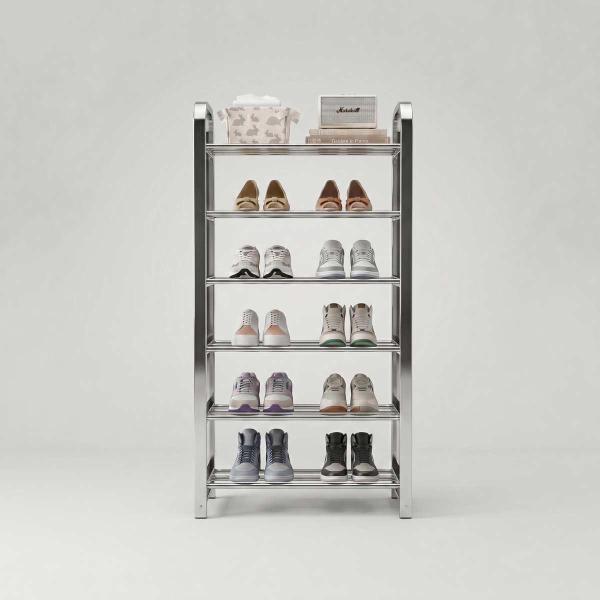 Meuble à Chaussures Argent Colonne Acier Tablettes à Lattes, vue 4 sur 4