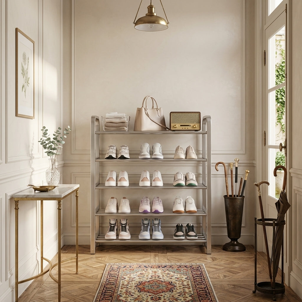Meuble à Chaussures Argent Métal Plateaux à Barreaux, vue 1 sur 4
