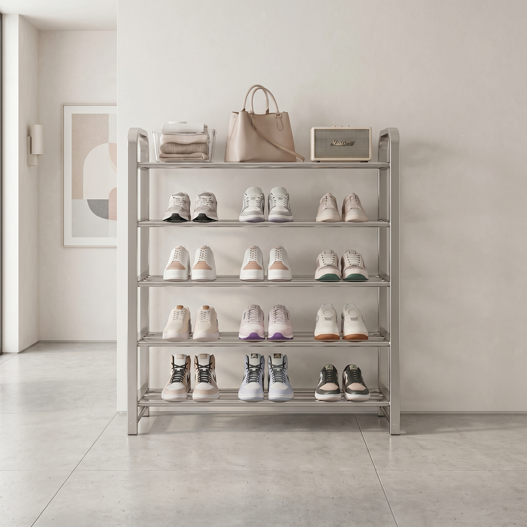 Meuble à Chaussures Argent Métal Plateaux à Barreaux, vue 2 sur 4
