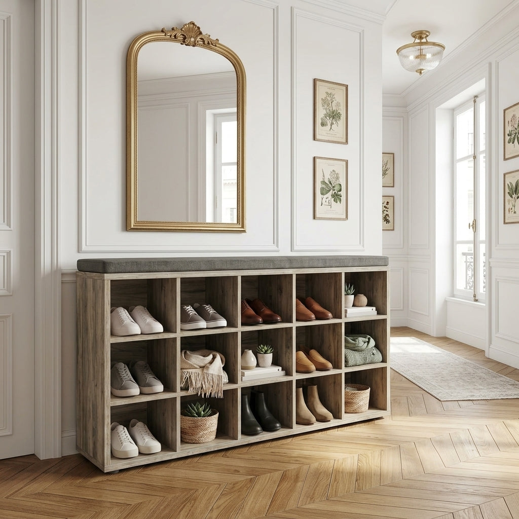Meuble à Chaussures Beige Banc Coussin et Casiers, vue 1 sur 5