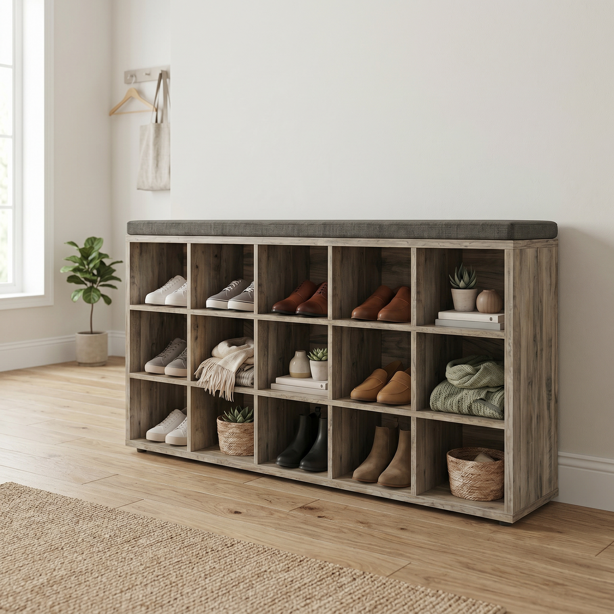 Meuble à Chaussures Beige Banc Coussin et Casiers, vue 2 sur 5