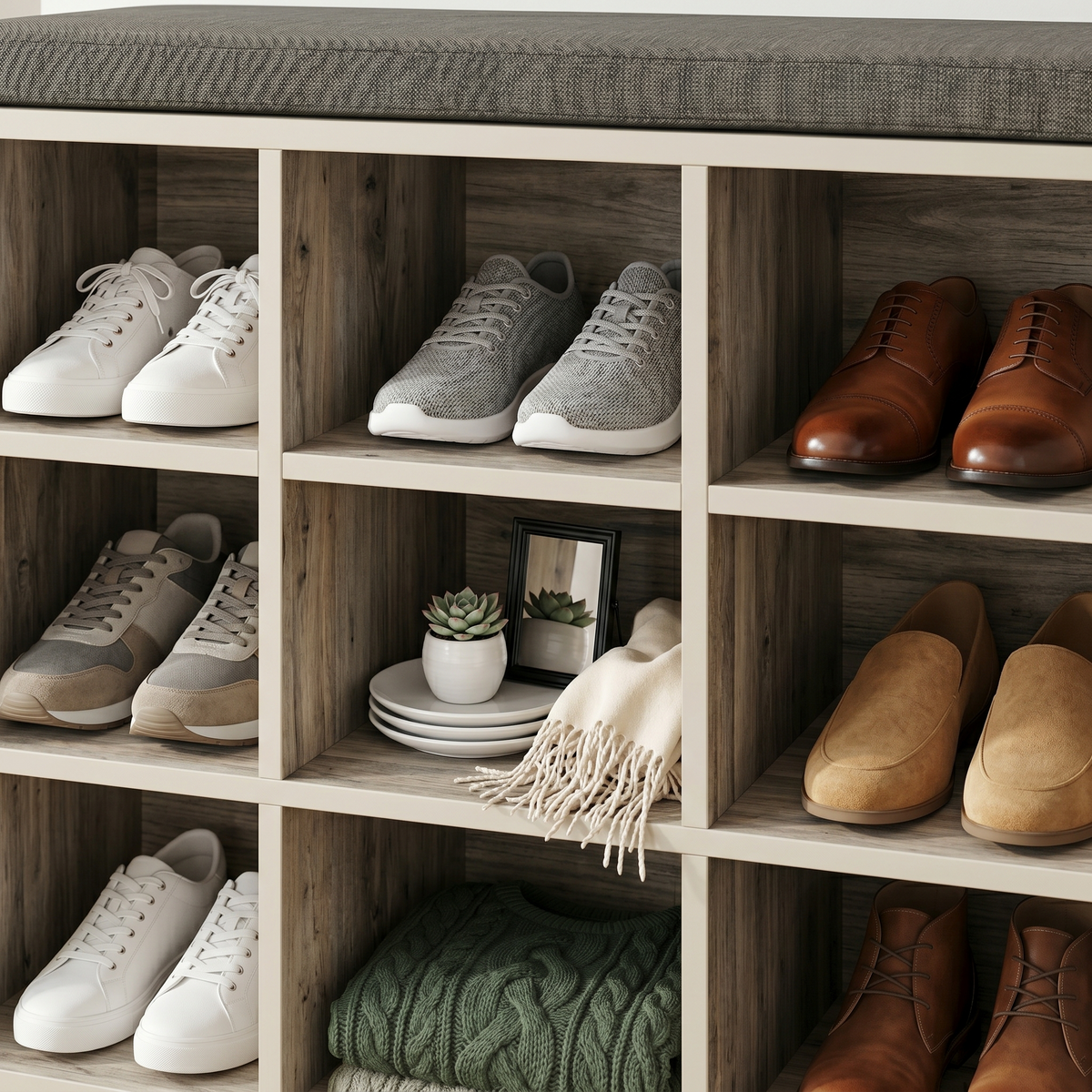 Meuble à Chaussures Beige Banc Coussin et Casiers, vue 3 sur 5