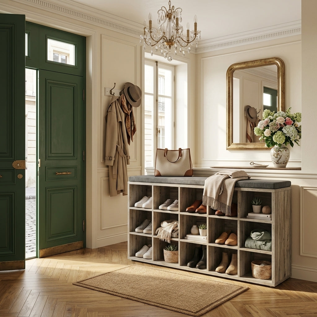 Meuble à Chaussures Beige Banc Coussin et Casiers, vue 4 sur 5