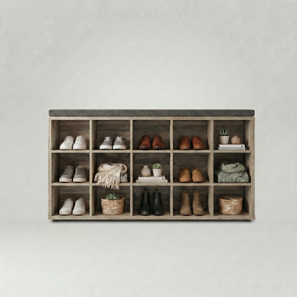 Meuble à Chaussures Beige Banc Coussin et Casiers, vue 5 sur 5