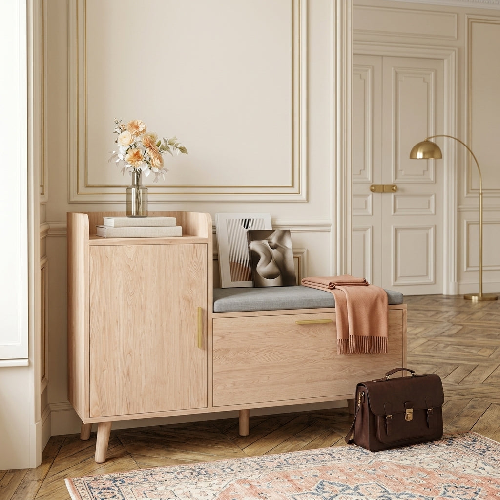 Meuble à Chaussures Beige Banc Coussin et Tiroir, vue 1 sur 4