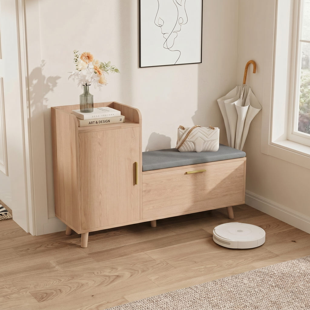 Meuble à Chaussures Beige Banc Coussin et Tiroir, vue 2 sur 4