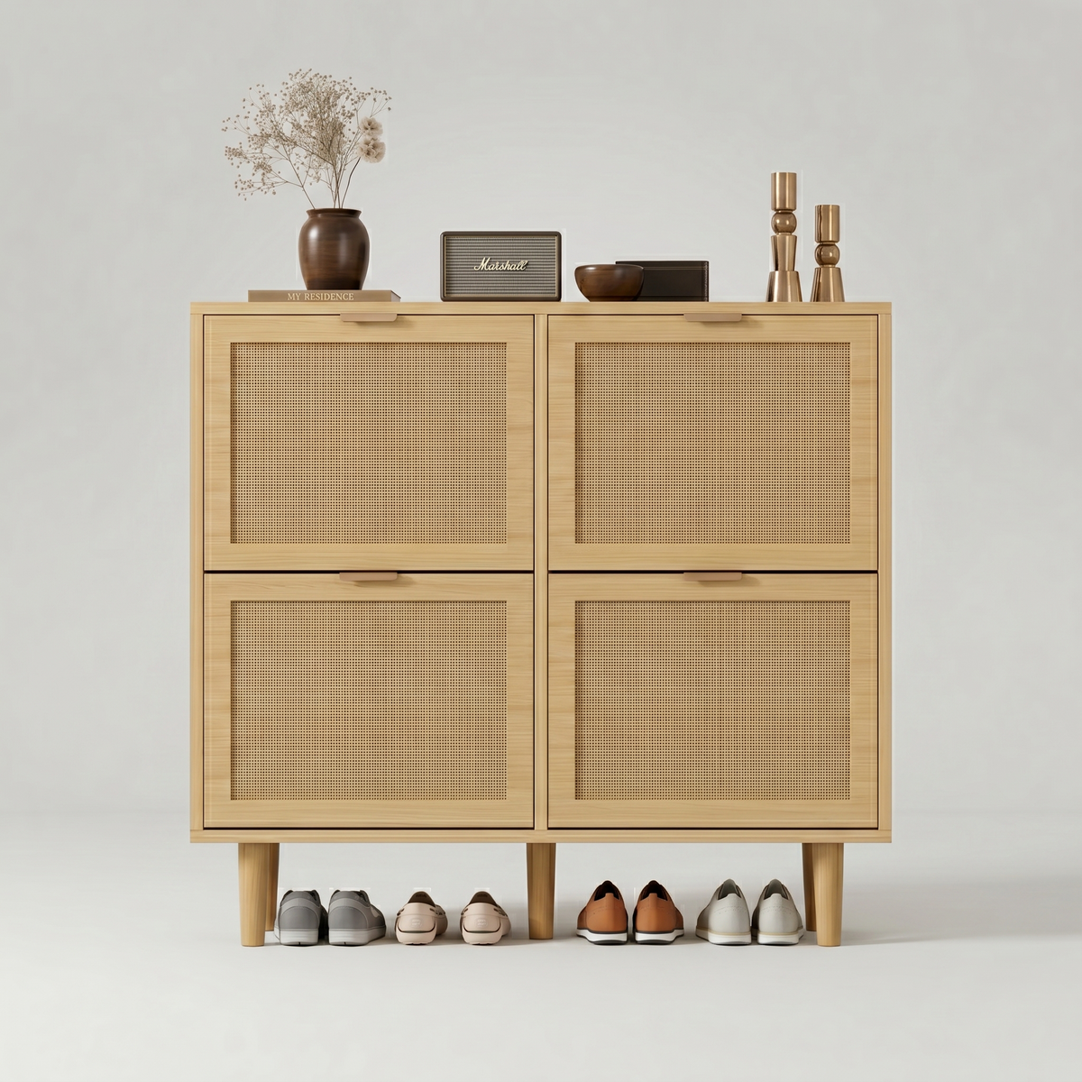 Meuble à Chaussures Beige Bois Cannage Rotin Pieds Fuselés, vue 4 sur 4