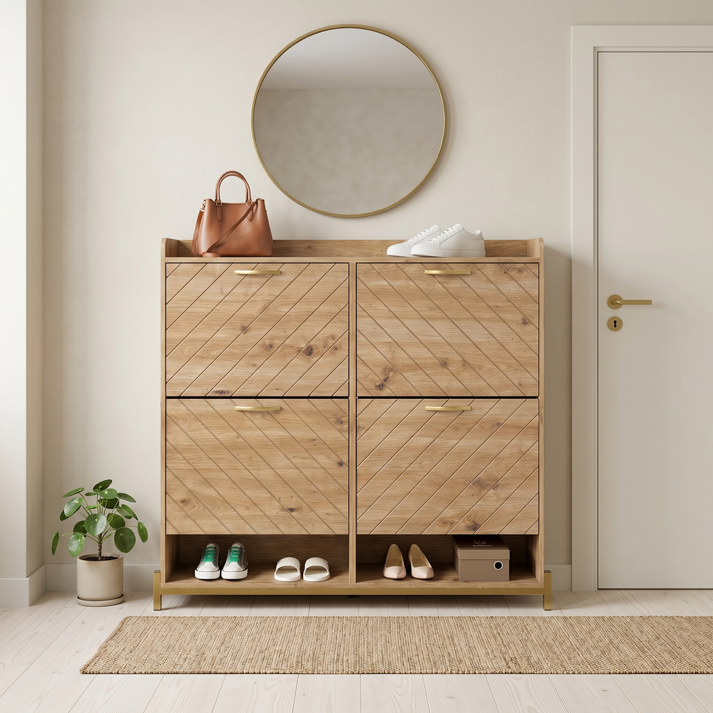 Meuble à Chaussures Beige Lames Chevron et Socle Doré, vue 1 sur 4
