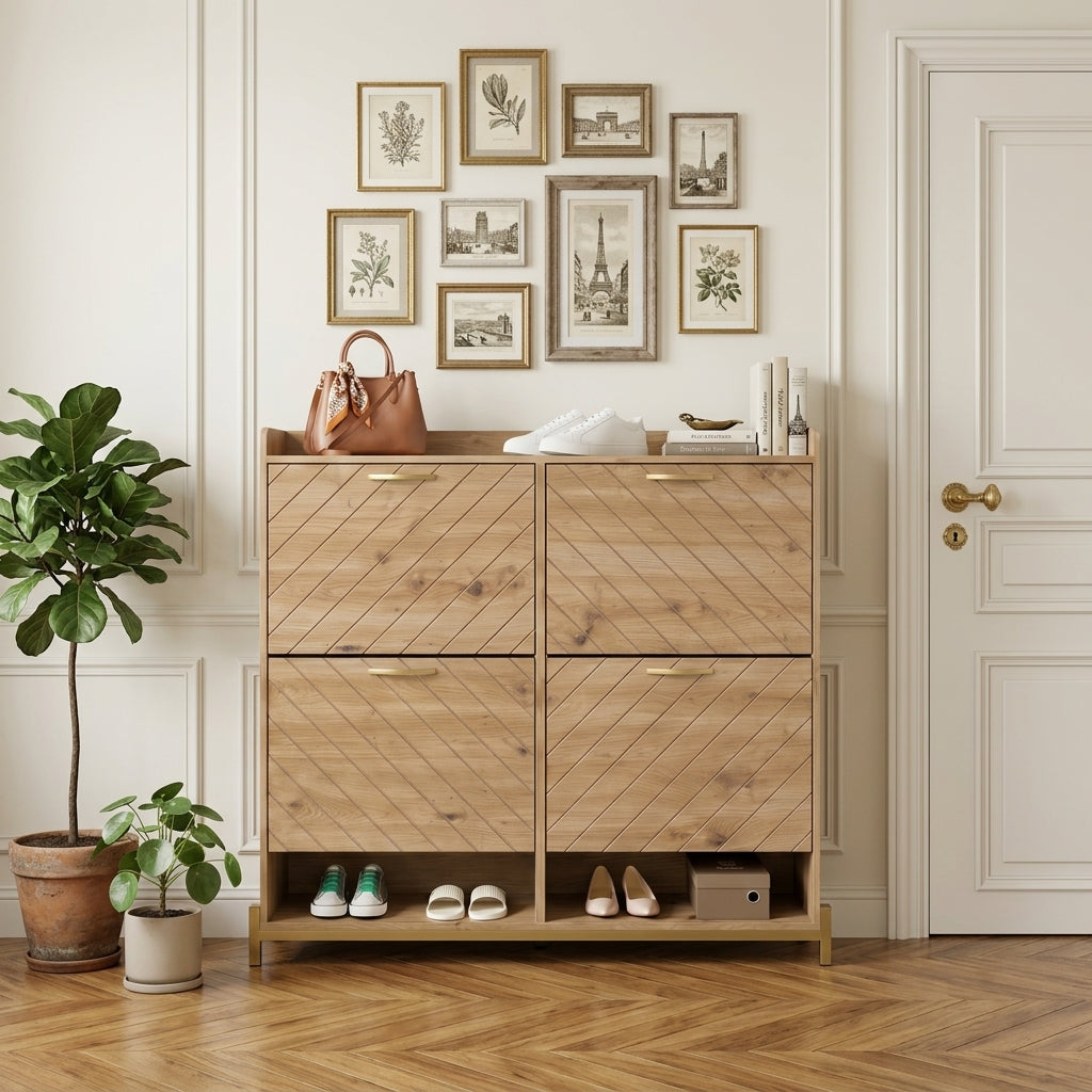 Meuble à Chaussures Beige Lames Chevron et Socle Doré, vue 2 sur 4