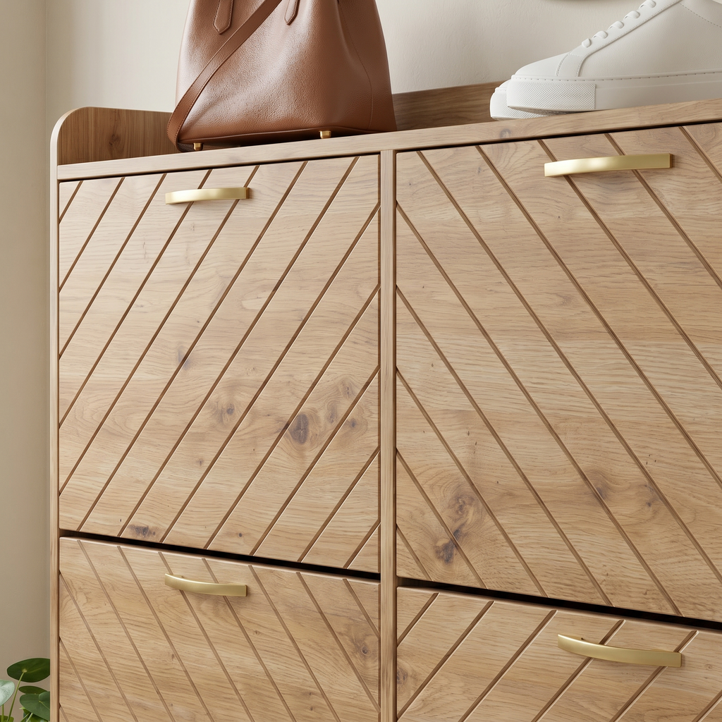 Meuble à Chaussures Beige Lames Chevron et Socle Doré, vue 3 sur 4