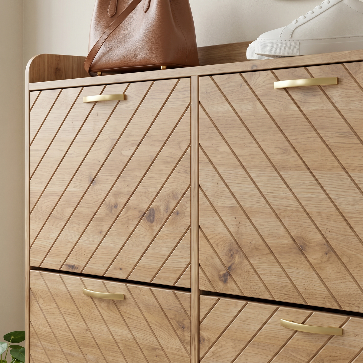 Meuble à Chaussures Beige Lames Chevron et Socle Doré, vue 3 sur 4