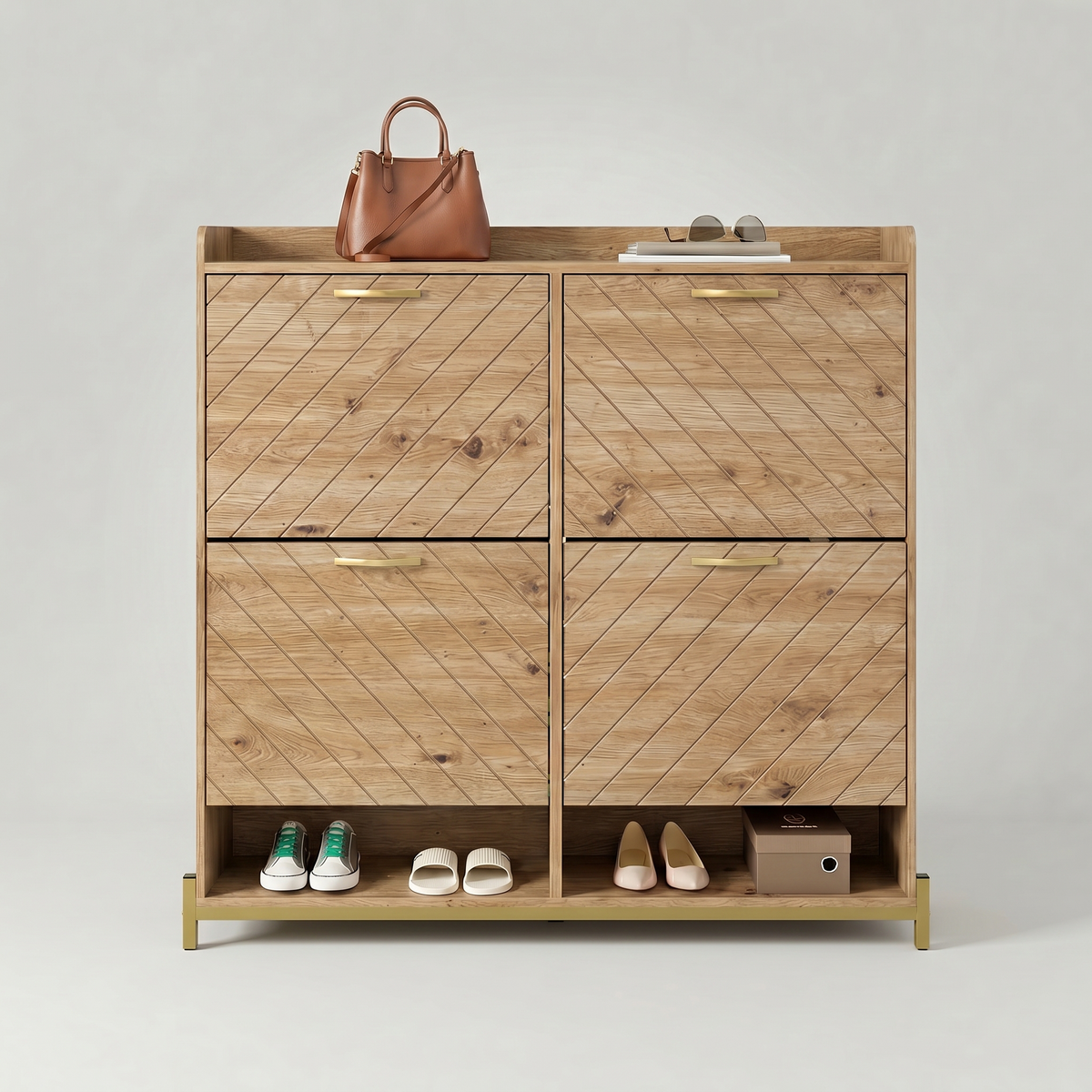 Meuble à Chaussures Beige Lames Chevron et Socle Doré, vue 4 sur 4