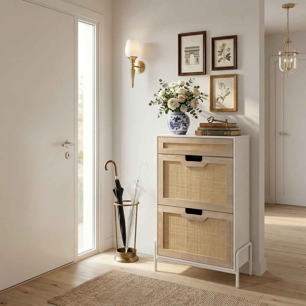 Meuble à Chaussures Beige Rotin Abattants Cannage et Tiroir, vue 1 sur 4