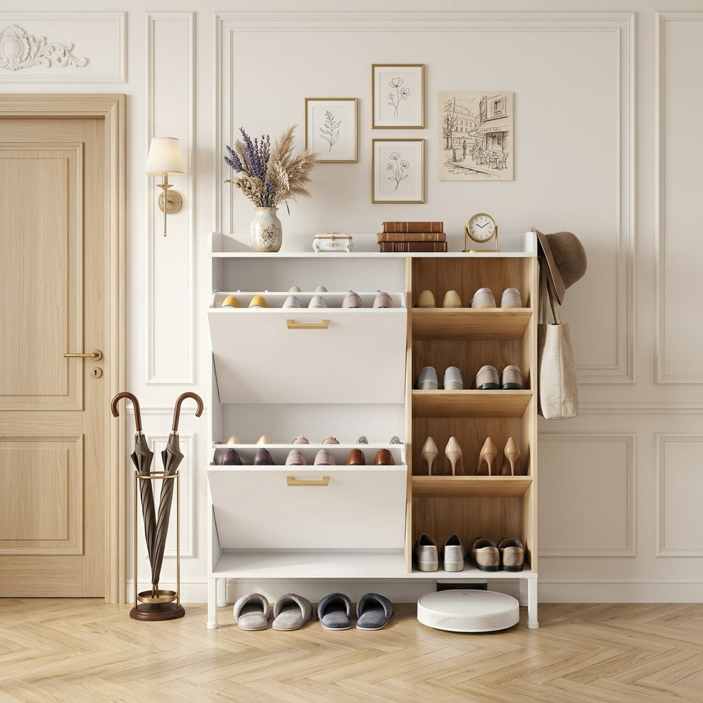 Meuble à Chaussures Blanc Abattants et Niches Ouvertes, vue 1 sur 5
