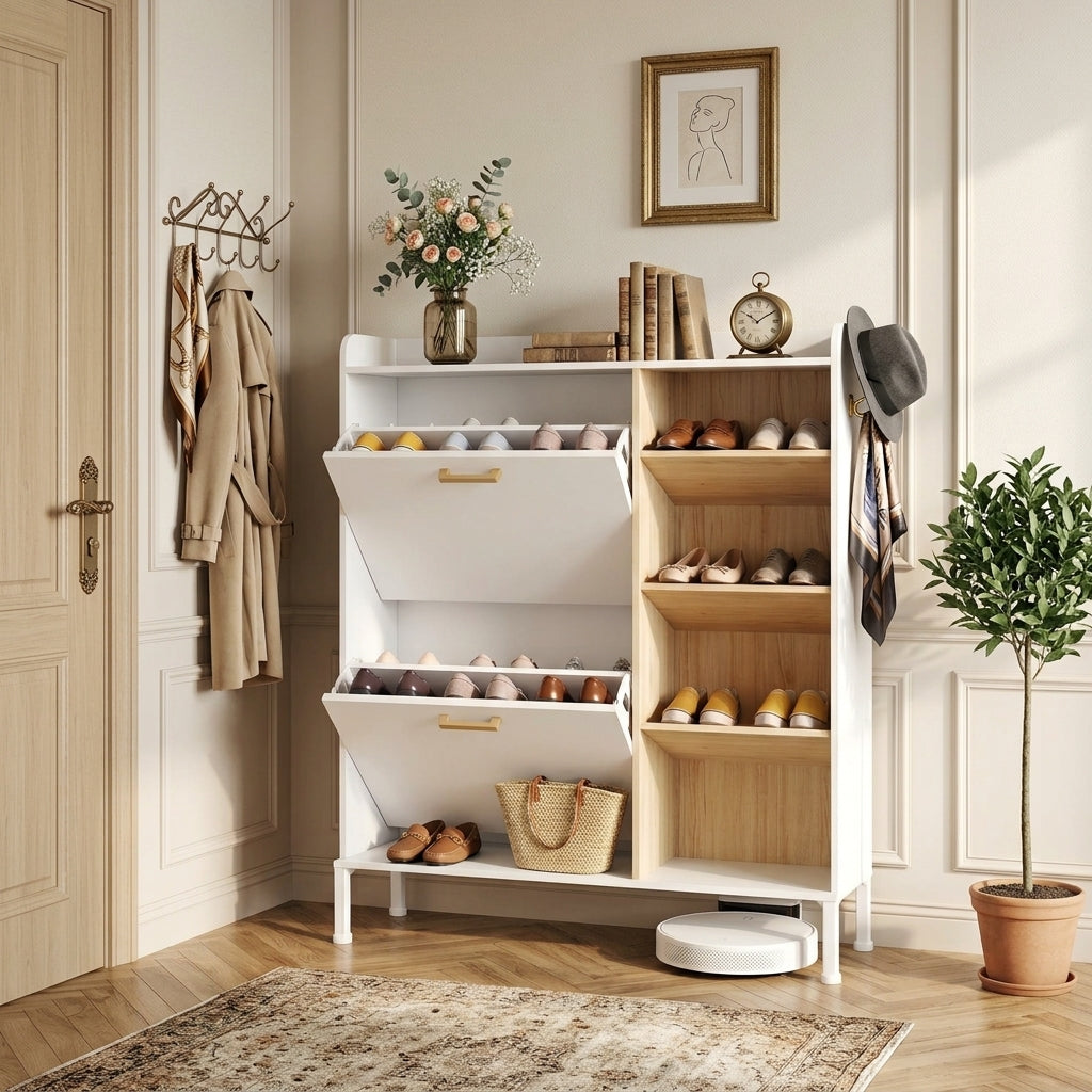 Meuble à Chaussures Blanc Abattants et Niches Ouvertes, vue 2 sur 5