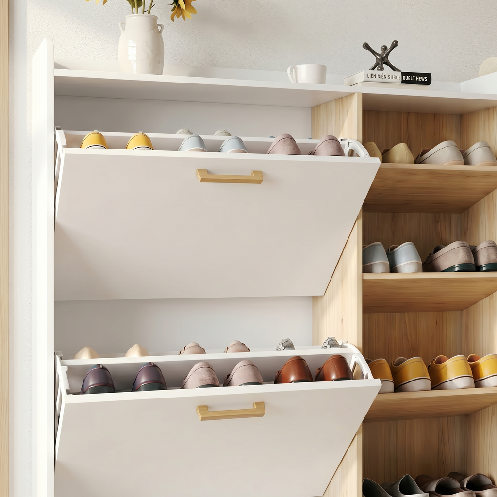 Meuble à Chaussures Blanc Abattants et Niches Ouvertes, vue 4 sur 5