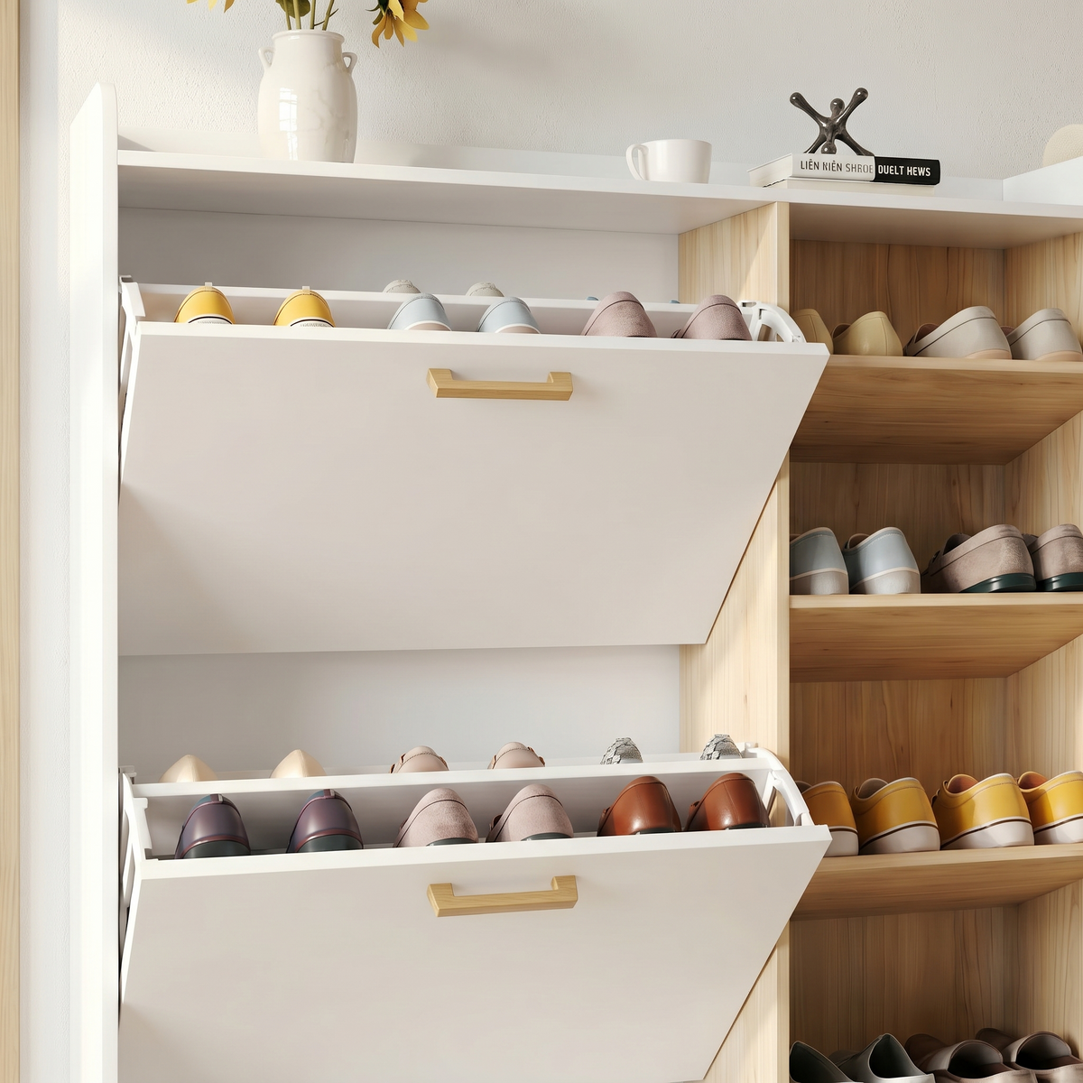 Meuble à Chaussures Blanc Abattants et Niches Ouvertes, vue 4 sur 5