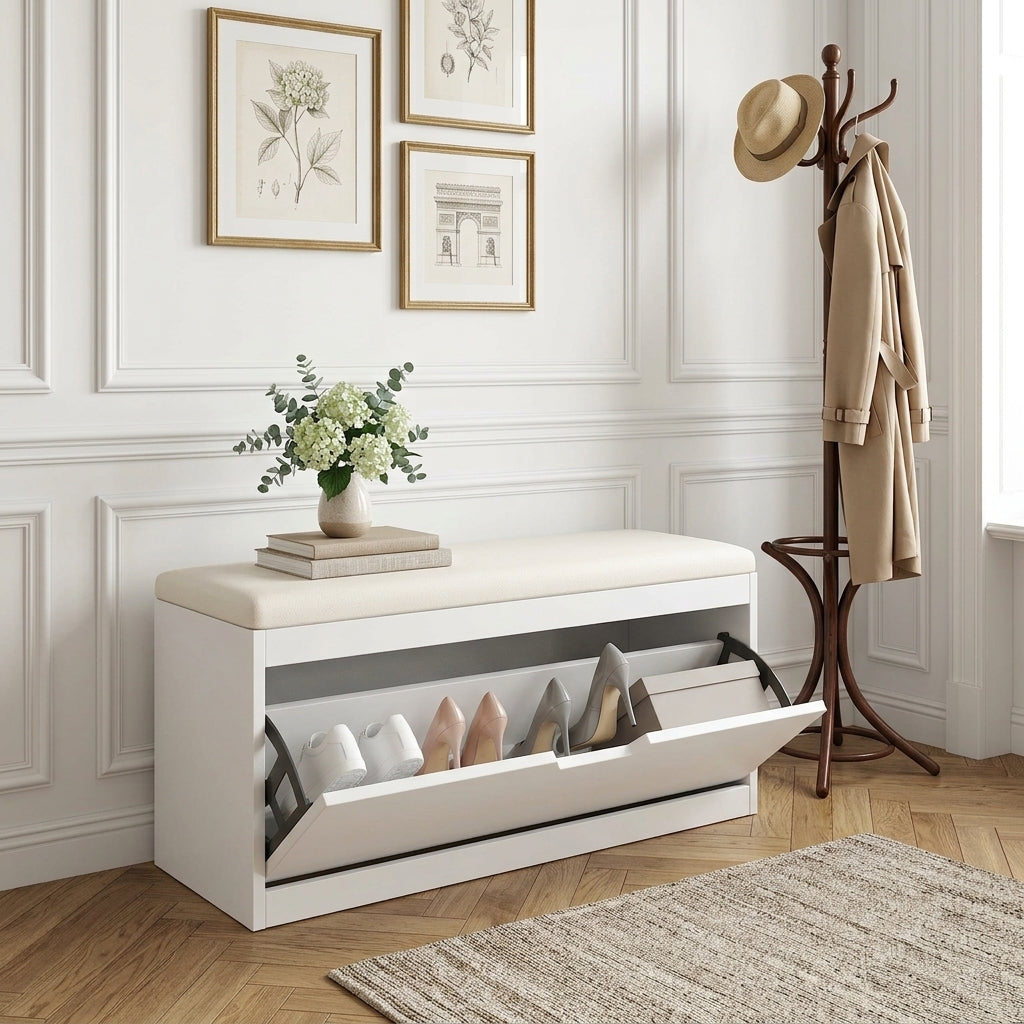 Meuble à Chaussures Blanc Banc Coussin et Abattant, vue 1 sur 4