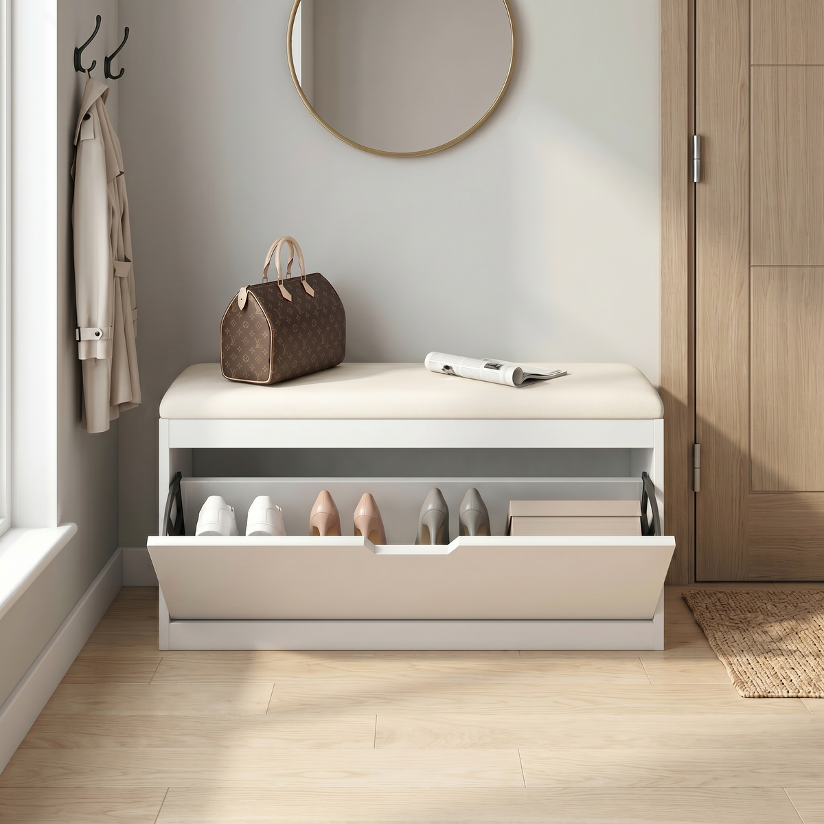 Meuble à Chaussures Blanc Banc Coussin et Abattant, vue 2 sur 4