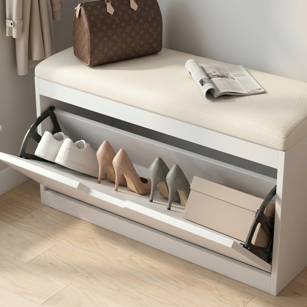 Meuble à Chaussures Blanc Banc Coussin et Abattant, vue 3 sur 4