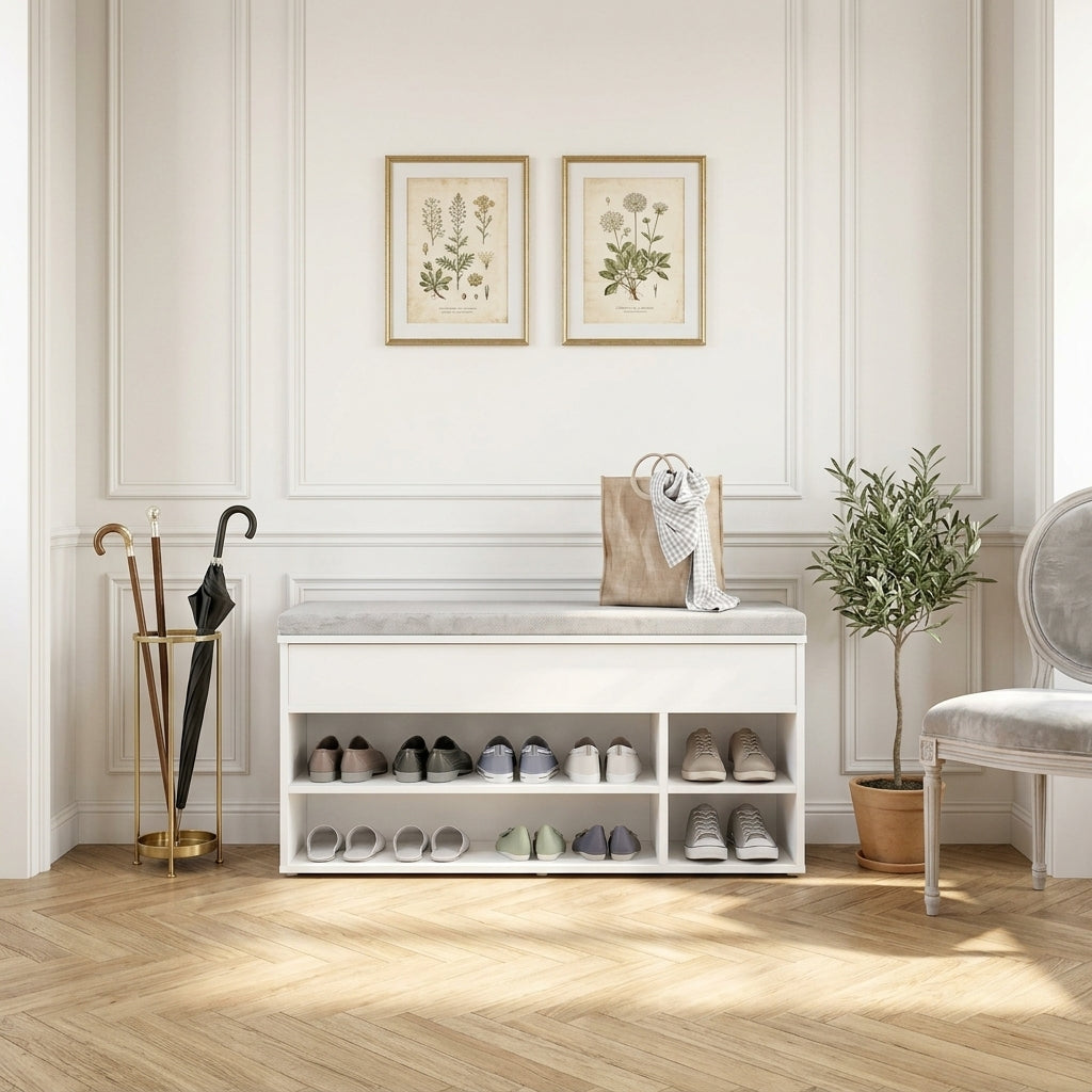 Meuble à Chaussures Blanc Banc Coussin et Niches, vue 1 sur 4