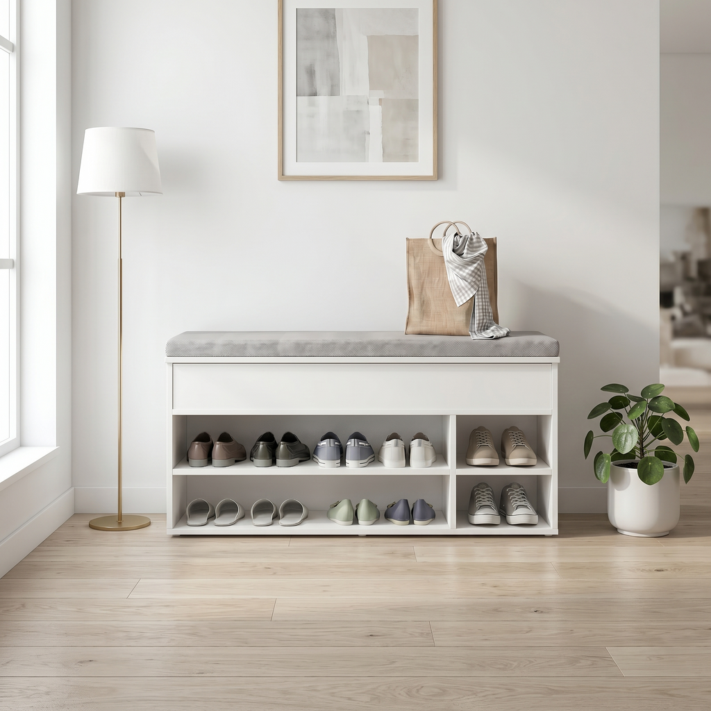 Meuble à Chaussures Blanc Banc Coussin et Niches, vue 2 sur 4