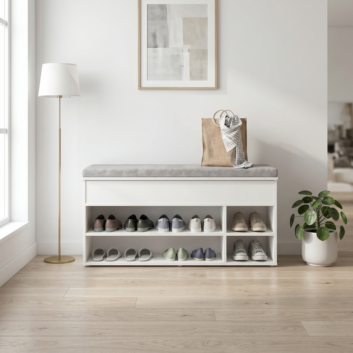 Meuble à Chaussures Blanc Banc Coussin et Niches, vue 2 sur 4