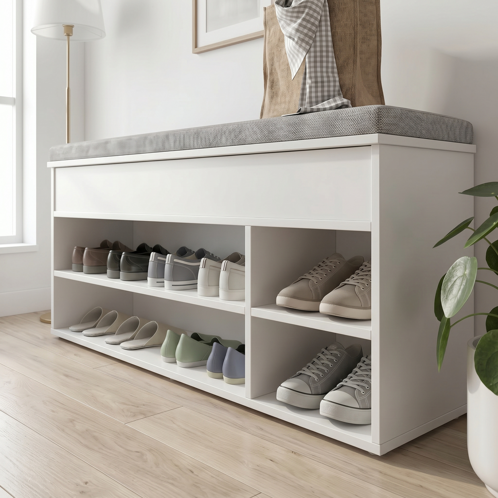 Meuble à Chaussures Blanc Banc Coussin et Niches, vue 3 sur 4