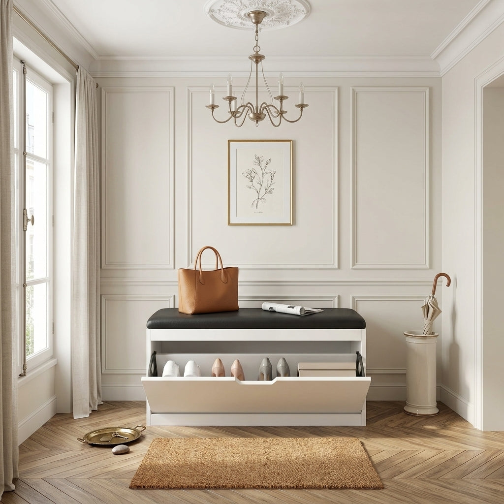 Meuble à Chaussures Blanc Banc et Tiroir Basculant, vue 1 sur 4