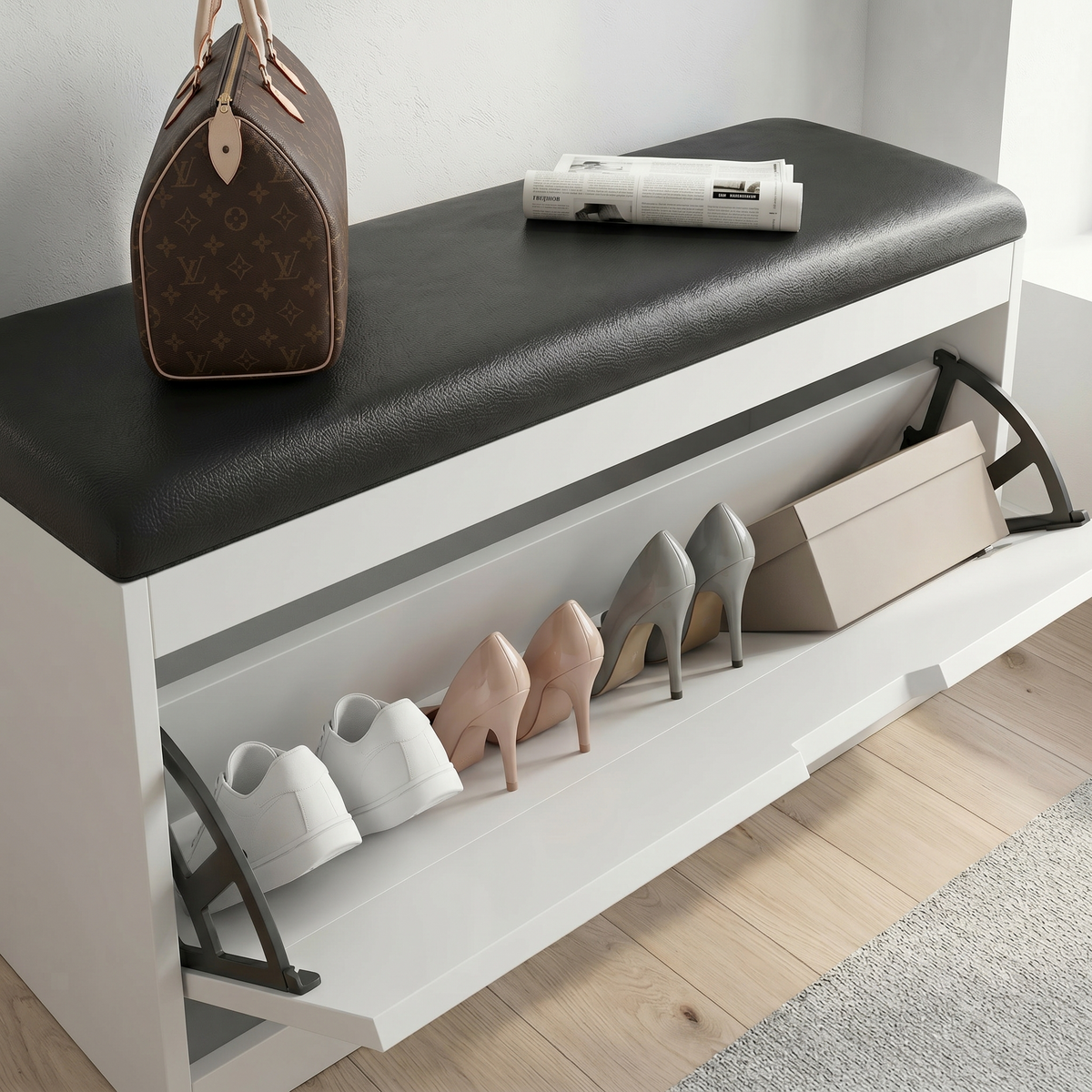 Meuble à Chaussures Blanc Banc et Tiroir Basculant, vue 3 sur 4