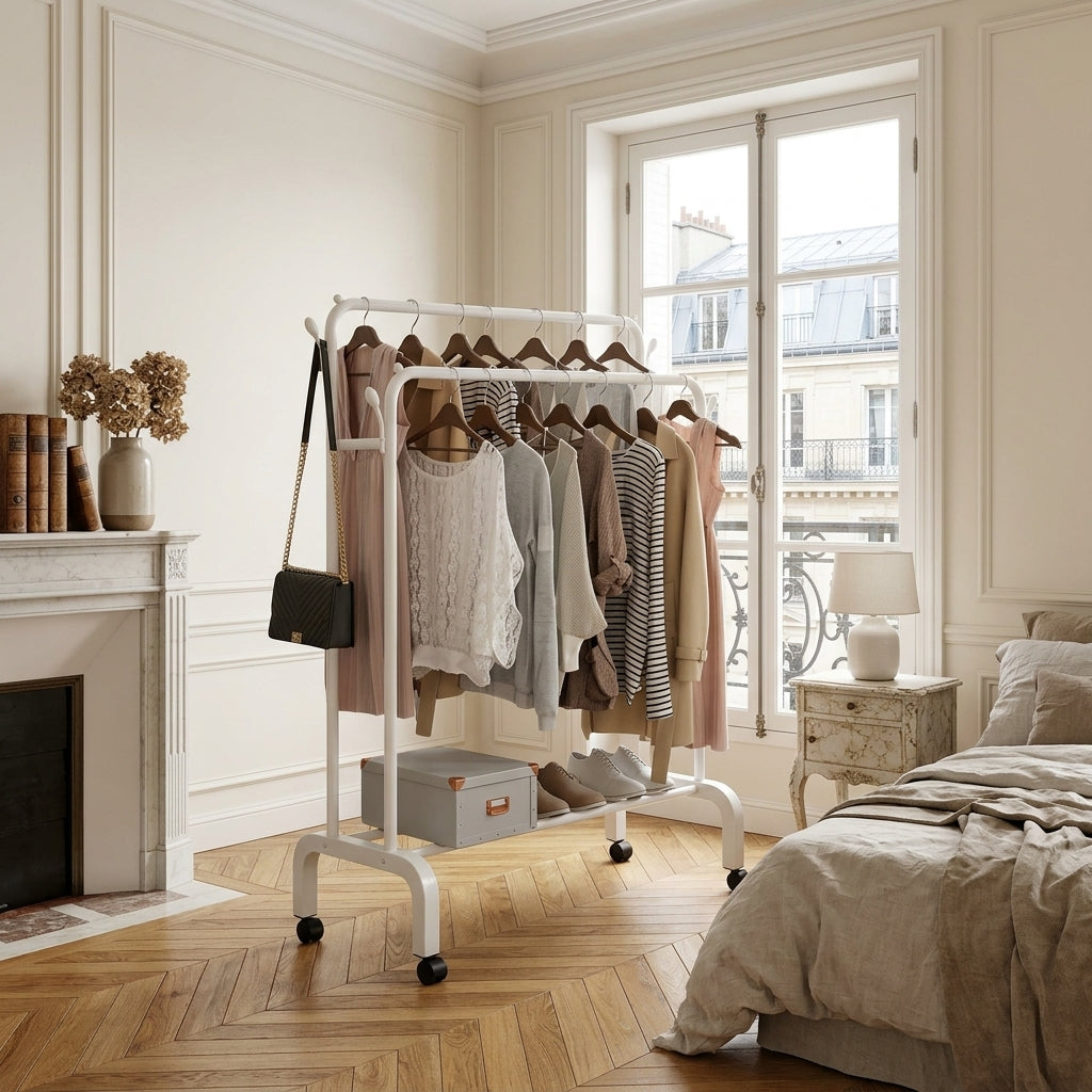 Meuble à Chaussures Blanc Dressing Tringles et Roulettes, vue 1 sur 4