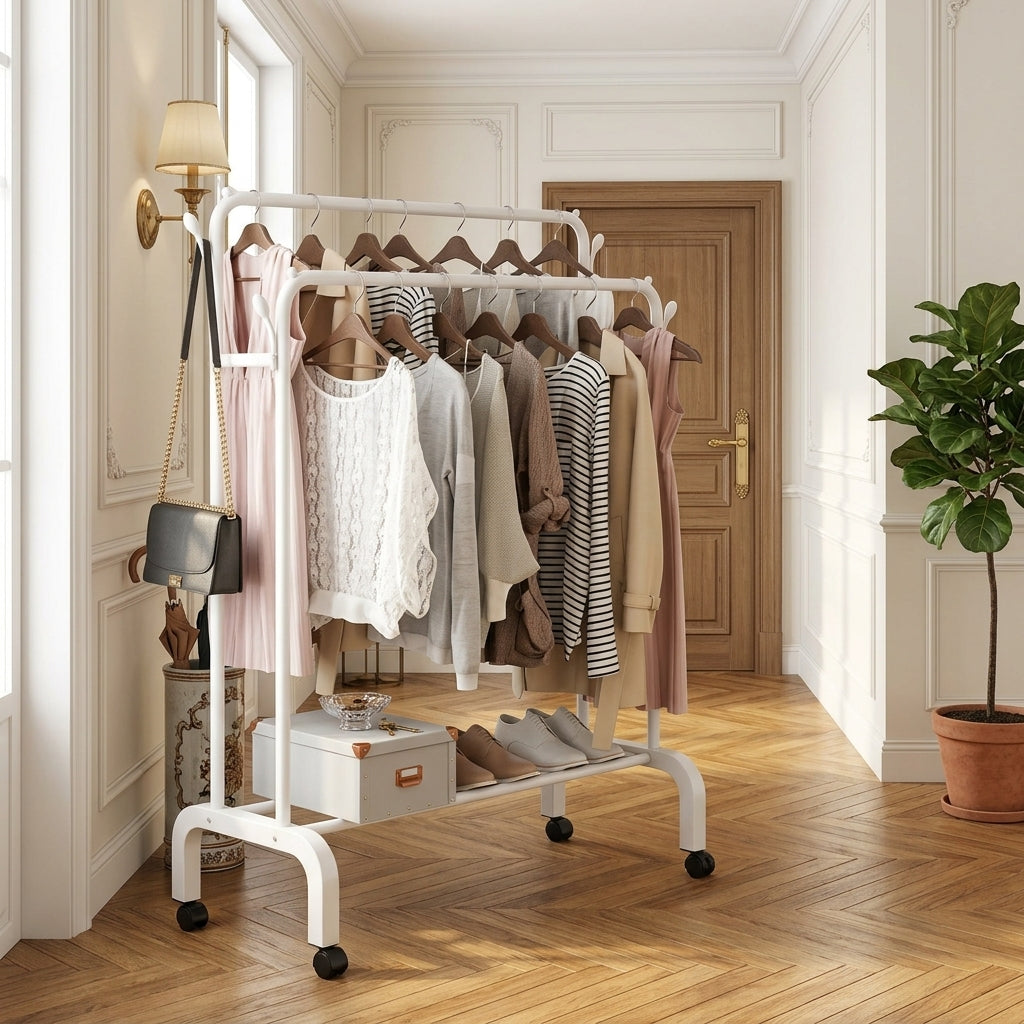 Meuble à Chaussures Blanc Dressing Tringles et Roulettes, vue 3 sur 4