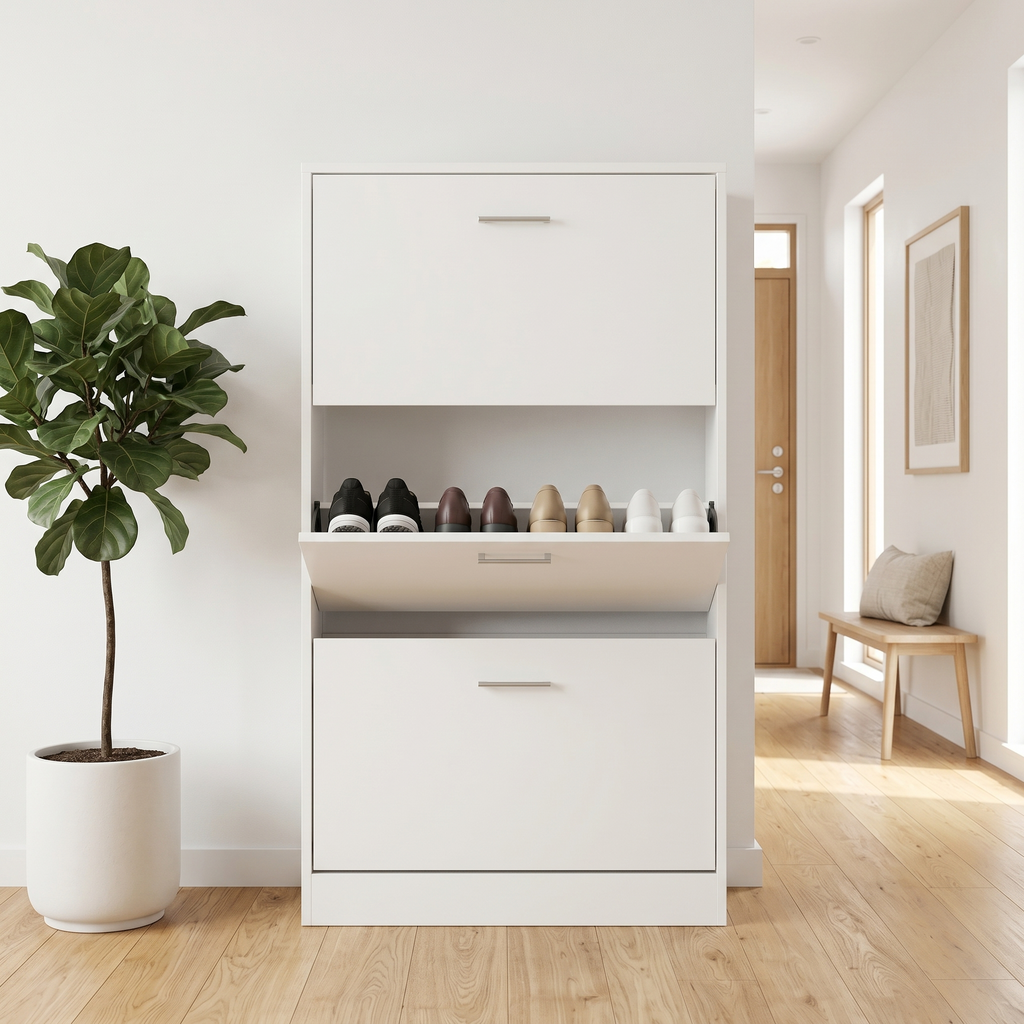 Meuble à Chaussures Blanc et Chêne à Abattants, vue 2 sur 4