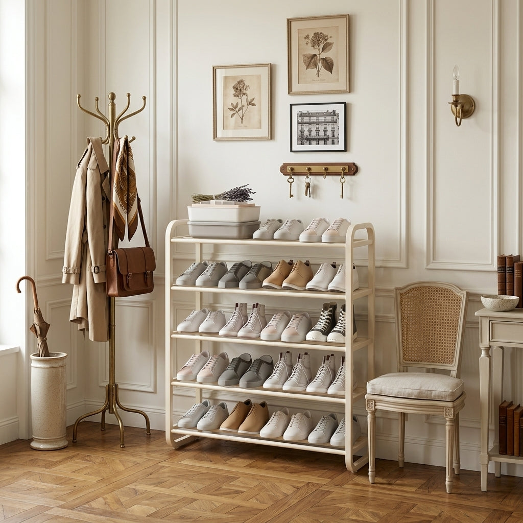 Meuble à Chaussures Blanc Étagères Cadre Tubulaire Poignées, vue 1 sur 4