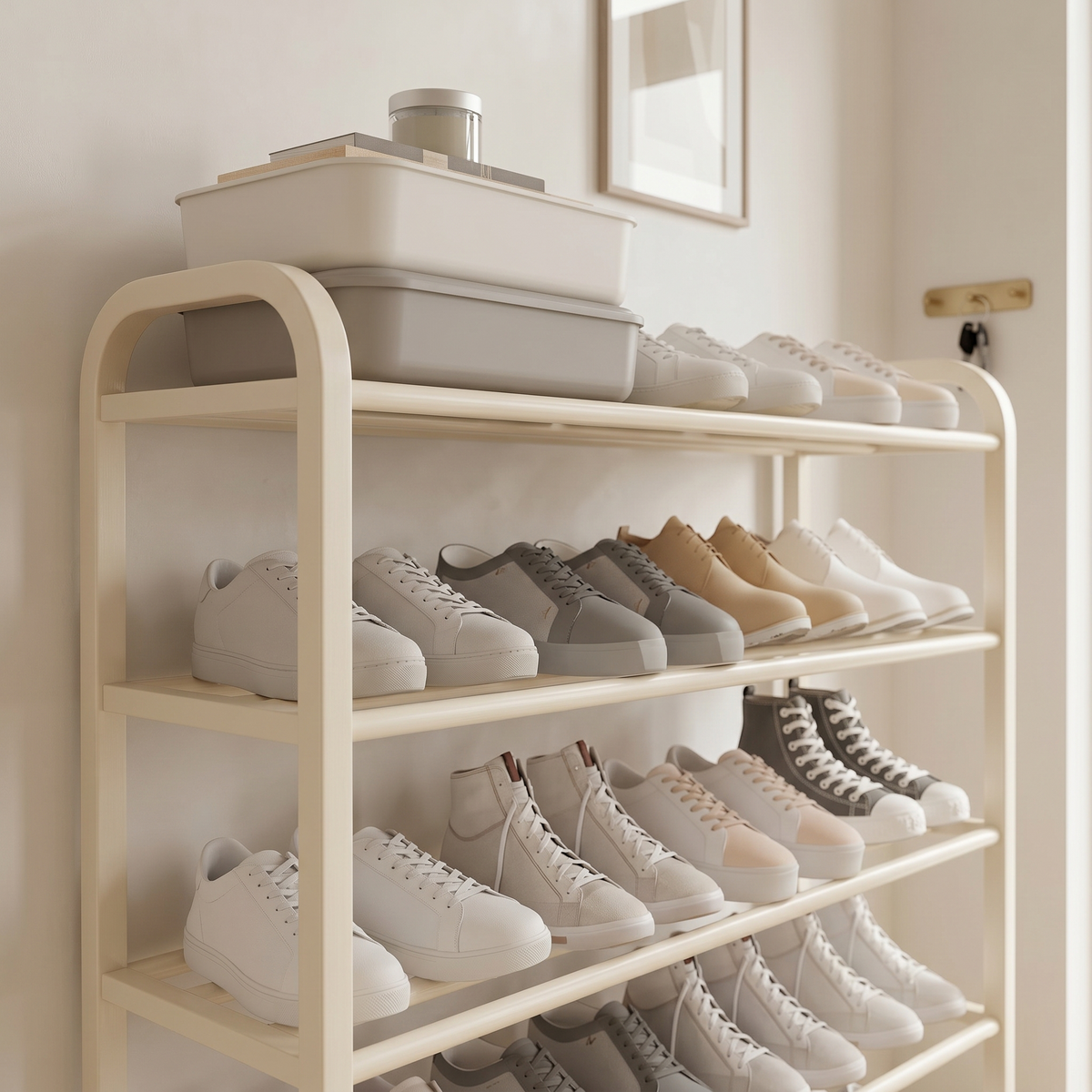 Meuble à Chaussures Blanc Étagères Cadre Tubulaire Poignées, vue 3 sur 4