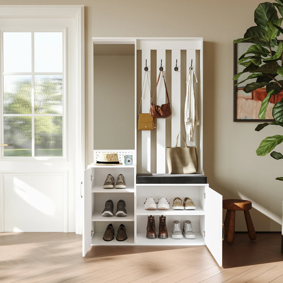 Meuble à Chaussures Blanc Laqué Miroir et Banc, vue 1 sur 4