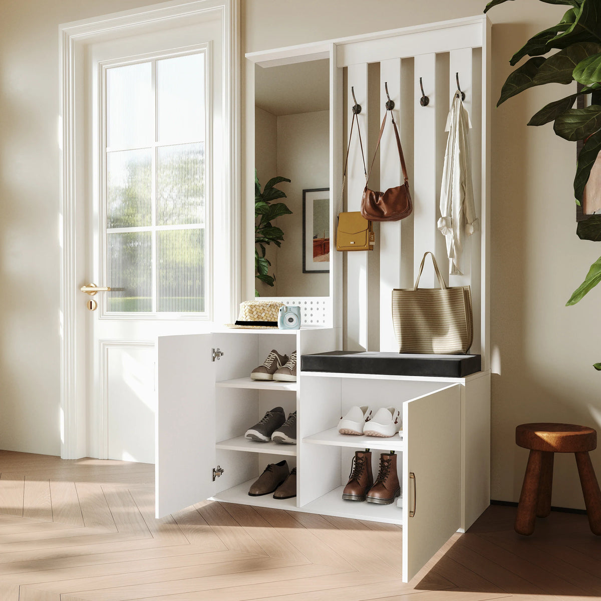 Meuble à Chaussures Blanc Laqué Miroir et Banc, vue 2 sur 4