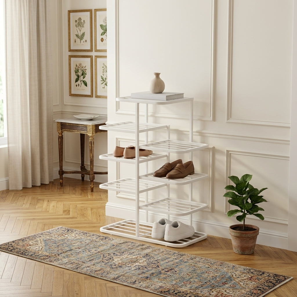 Meuble à Chaussures Blanc Métal Plateaux Décalés en Épi, vue 1 sur 4
