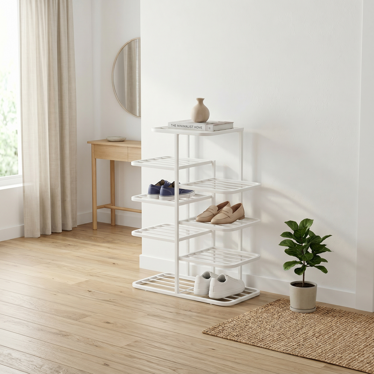 Meuble à Chaussures Blanc Métal Plateaux Décalés en Épi, vue 2 sur 4
