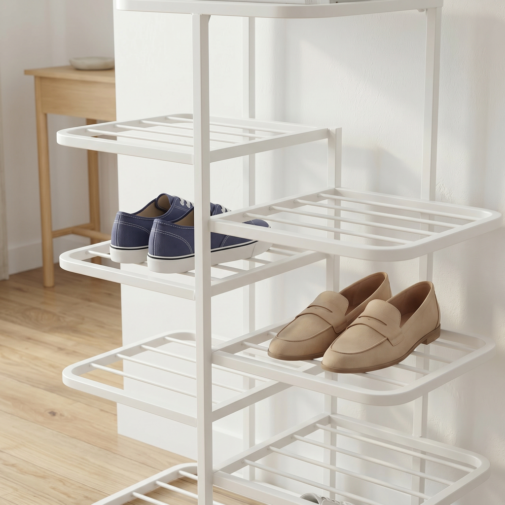 Meuble à Chaussures Blanc Métal Plateaux Décalés en Épi, vue 3 sur 4