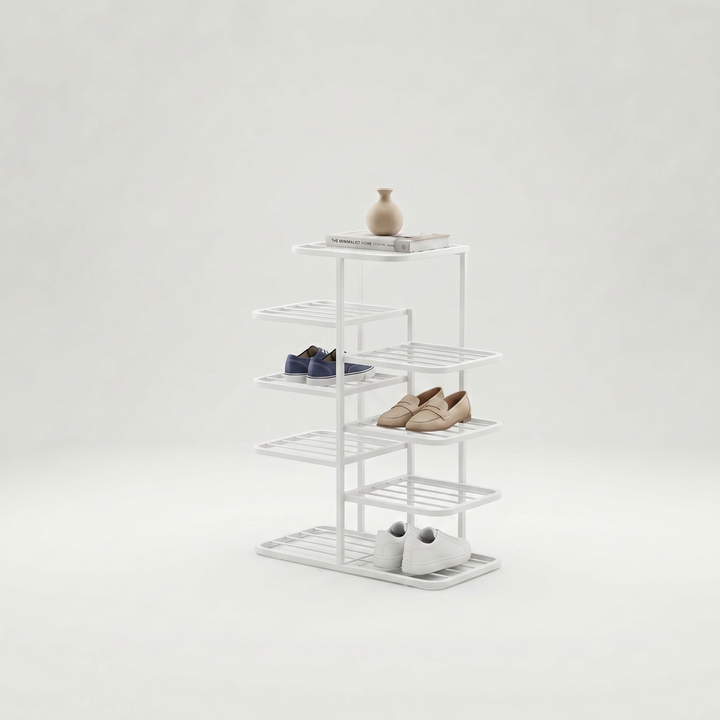 Meuble à Chaussures Blanc Métal Plateaux Décalés en Épi, vue 4 sur 4