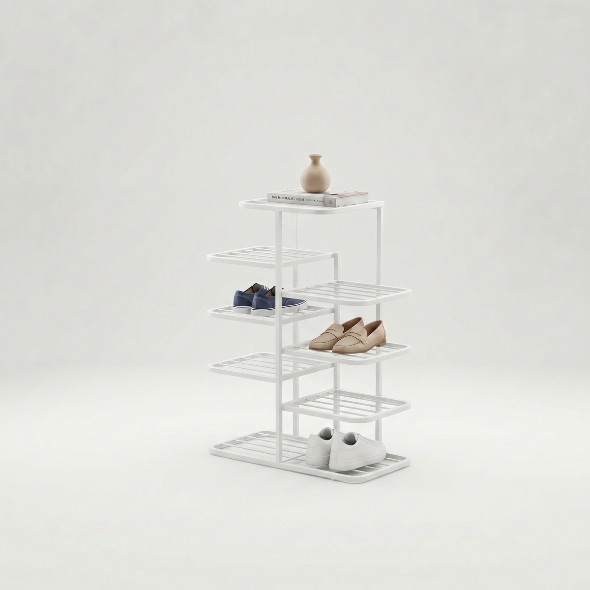 Meuble à Chaussures Blanc Métal Plateaux Décalés en Épi, vue 4 sur 4