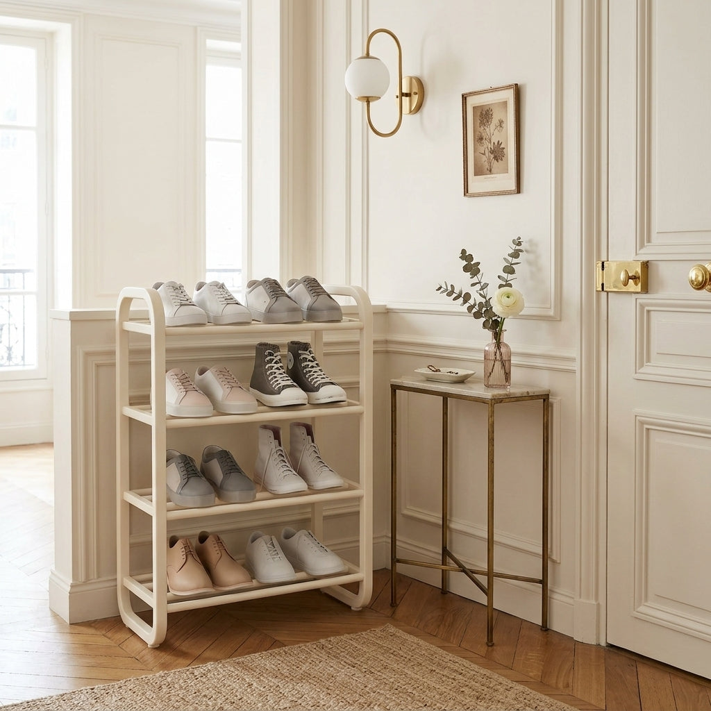 Meuble à Chaussures Blanc Plateaux et Cadre Courbé, vue 1 sur 4